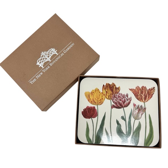 NYBG Floral Tulips Coaster Set of 6 with Box Rectangular Hardboard Cork Back - Picture 1 of 10